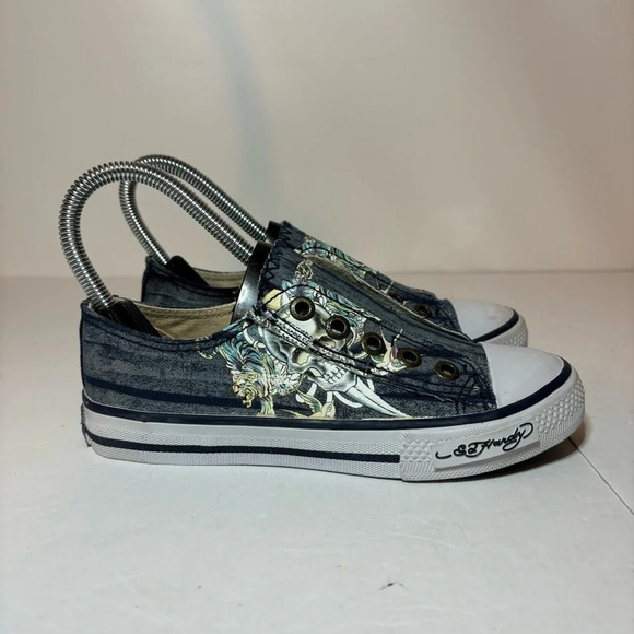 Ed Hardy By Christian Audigier Kids Slip Ons Sz 3 Piston Racing Skulls Laceless - Picture 1 of 10